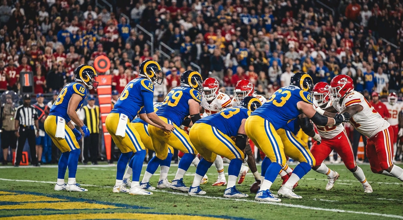 An NFL offense in a tight bunch formation near the goal line as defenders fight through traffic at the snap, game action photograph