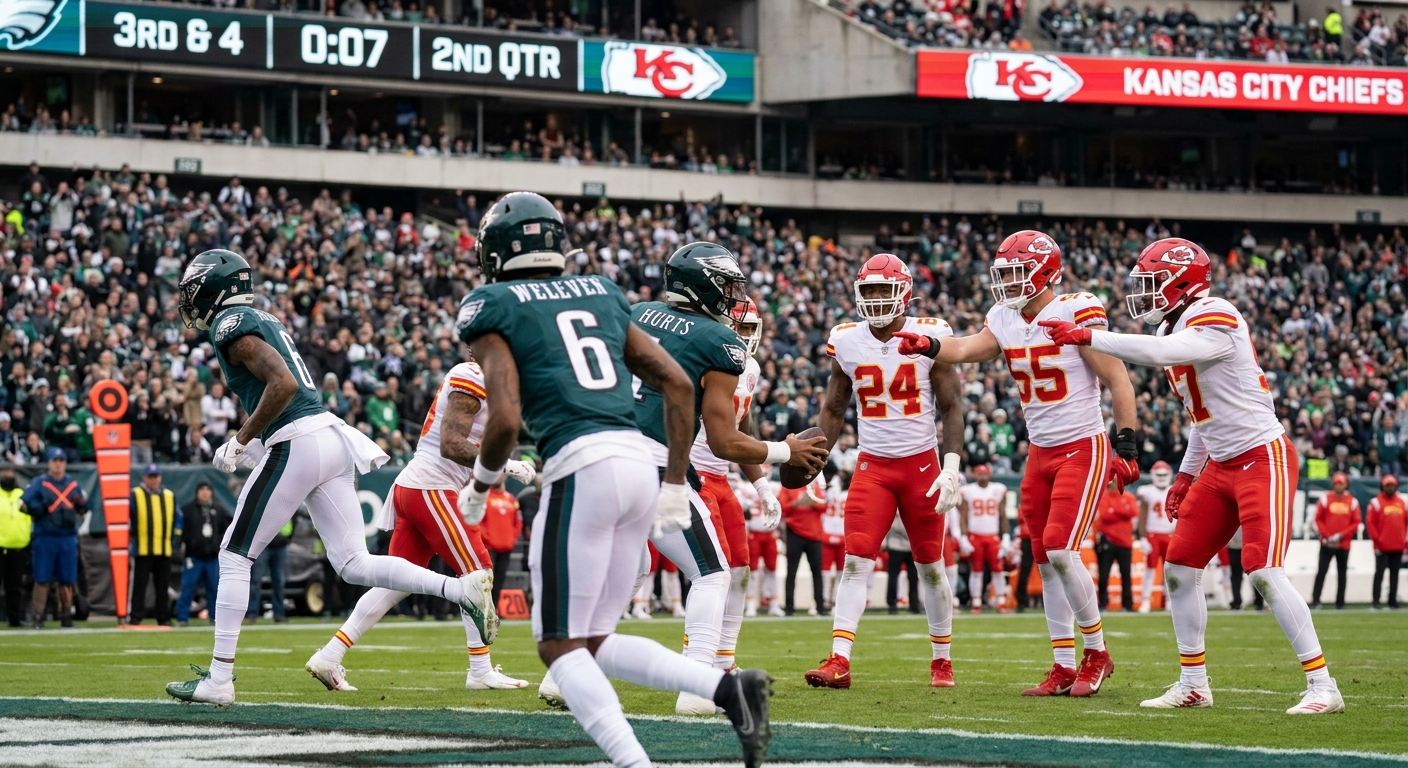 An NFL receiver goes in jet motion behind the quarterback as defenders point and communicate before the snap