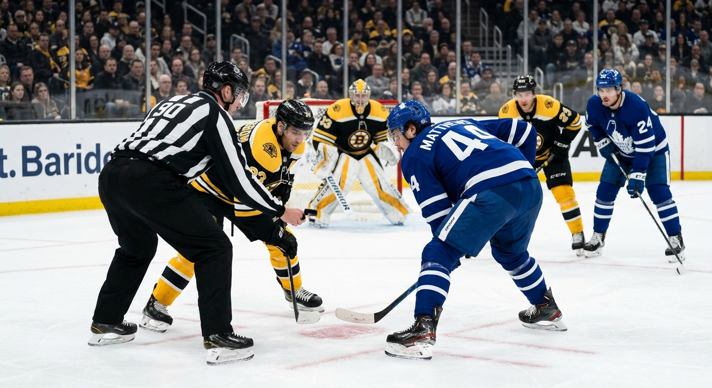An NHL official prepares to drop the puck for a defensive-zone faceoff with both centers set in the circle