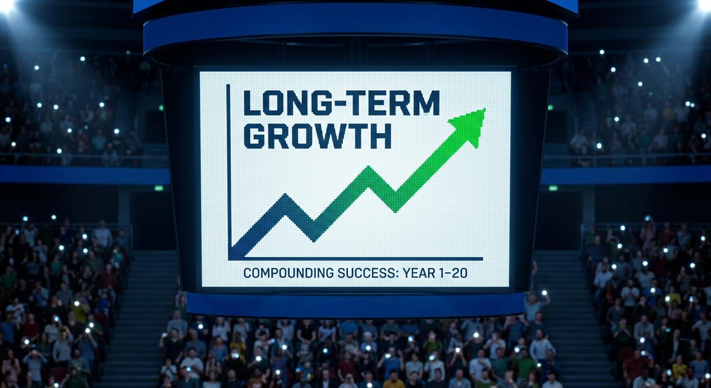 An arena scoreboard graphic suggesting a steady climb over time, echoing the idea of long-term compounding