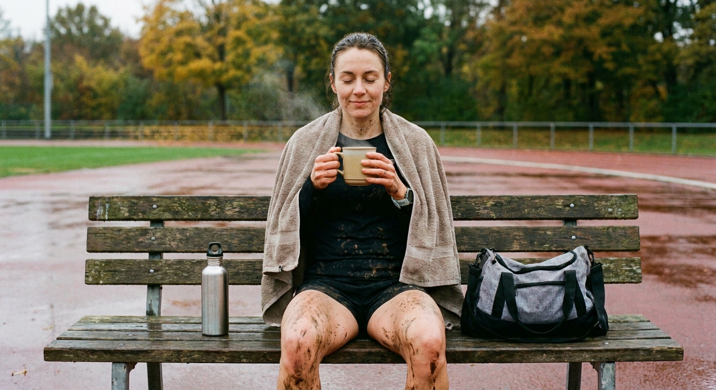 An athlete seated on a bench holding a mug of warm broth after training, with a towel and water bottle nearby
