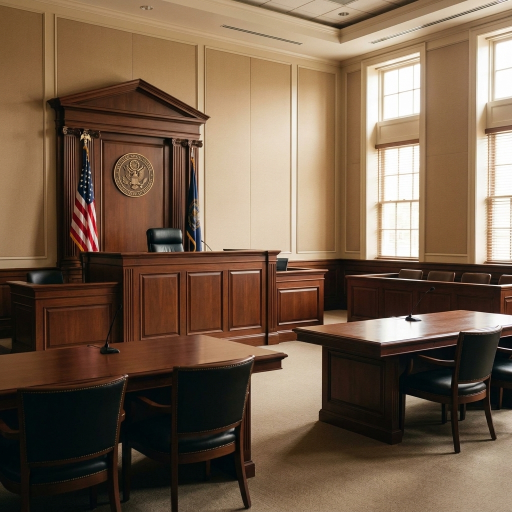 An empty federal district court courtroom with the judge’s bench and counsel tables visible.