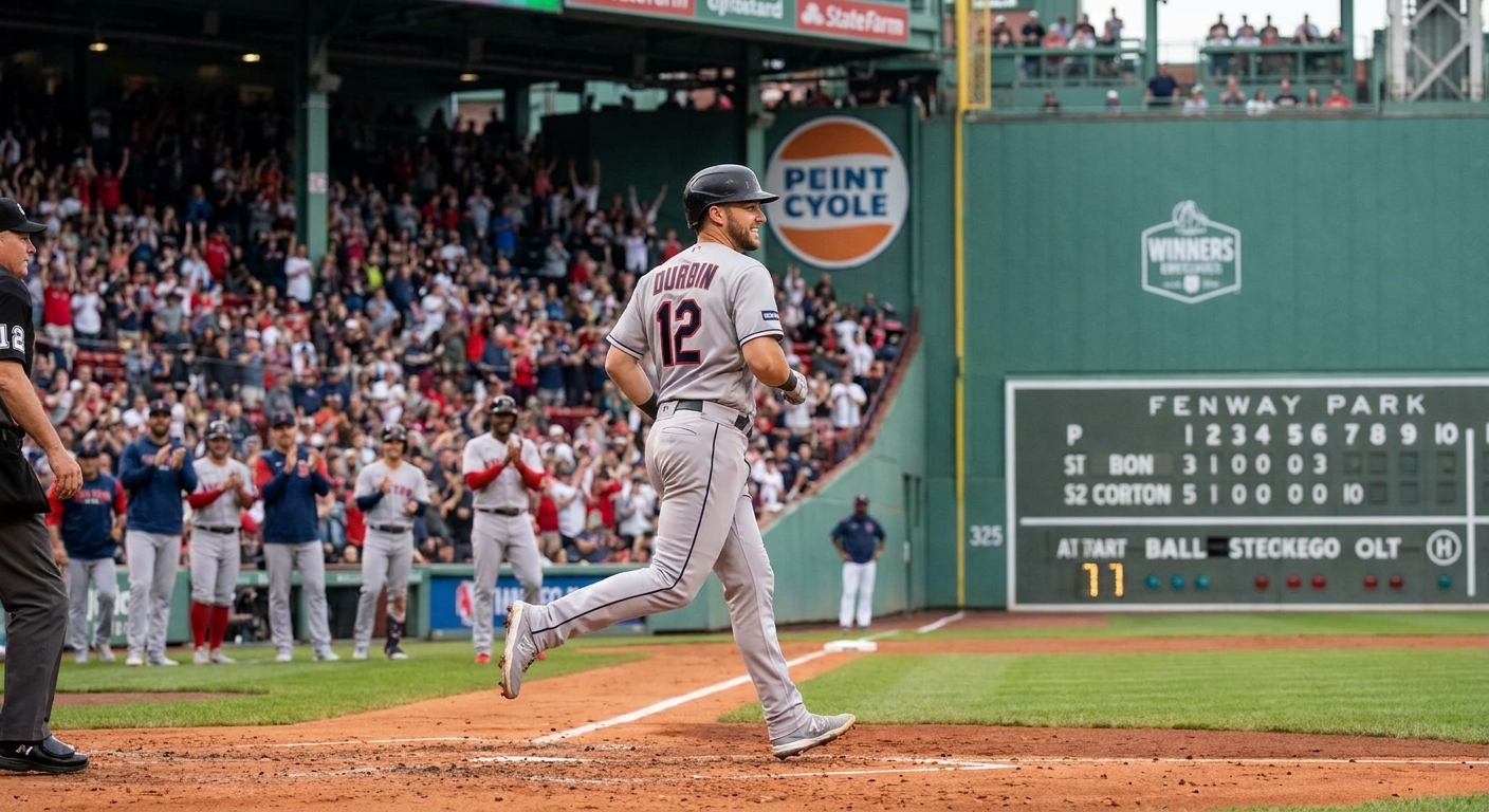 Caleb Durbin rounding first base after a go-ahead home run, with the Fenway Park crowd in the background and teammates beginning to rise from the dugout