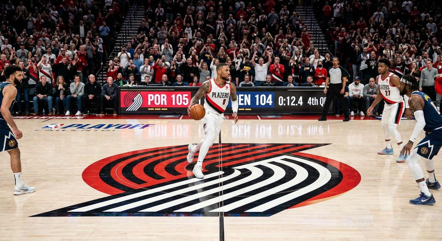 Damian Lillard dribbling near the half-court logo late in a playoff game while defenders give space, arena crowd watching