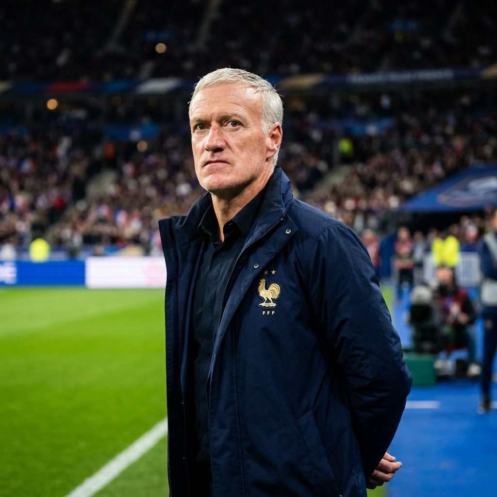 Didier Deschamps on the touchline during a France match, wearing a dark jacket and watching play with a serious expression, stadium crowd blurred behind him
