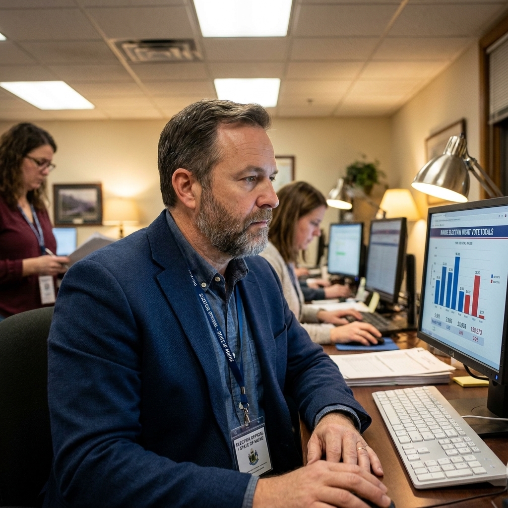 Election staff in Maine review vote totals on computer screens in a municipal office on election night