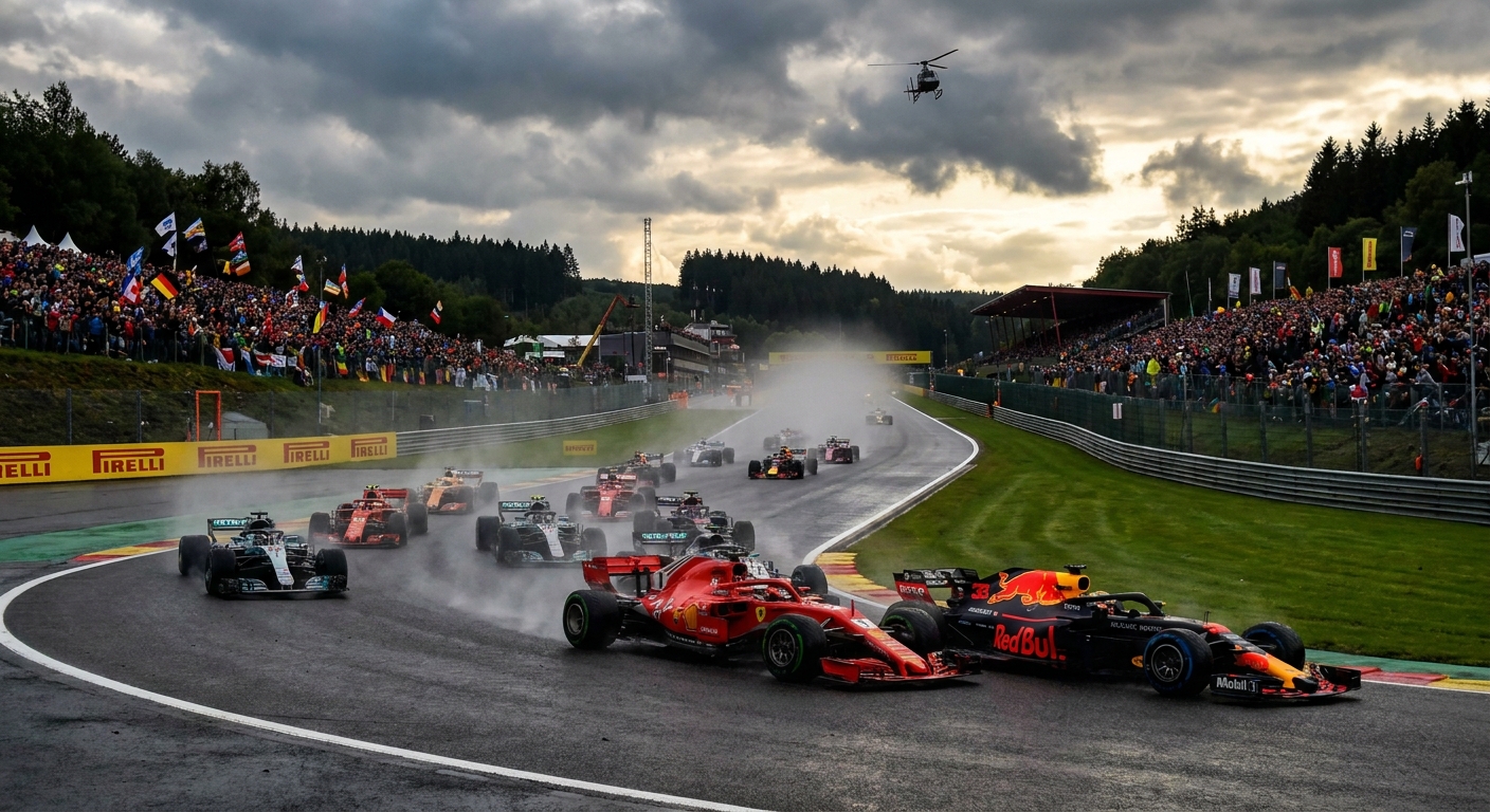 Formula 1 cars charge up Eau Rouge and toward Raidillon at Spa-Francorchamps during a busy session