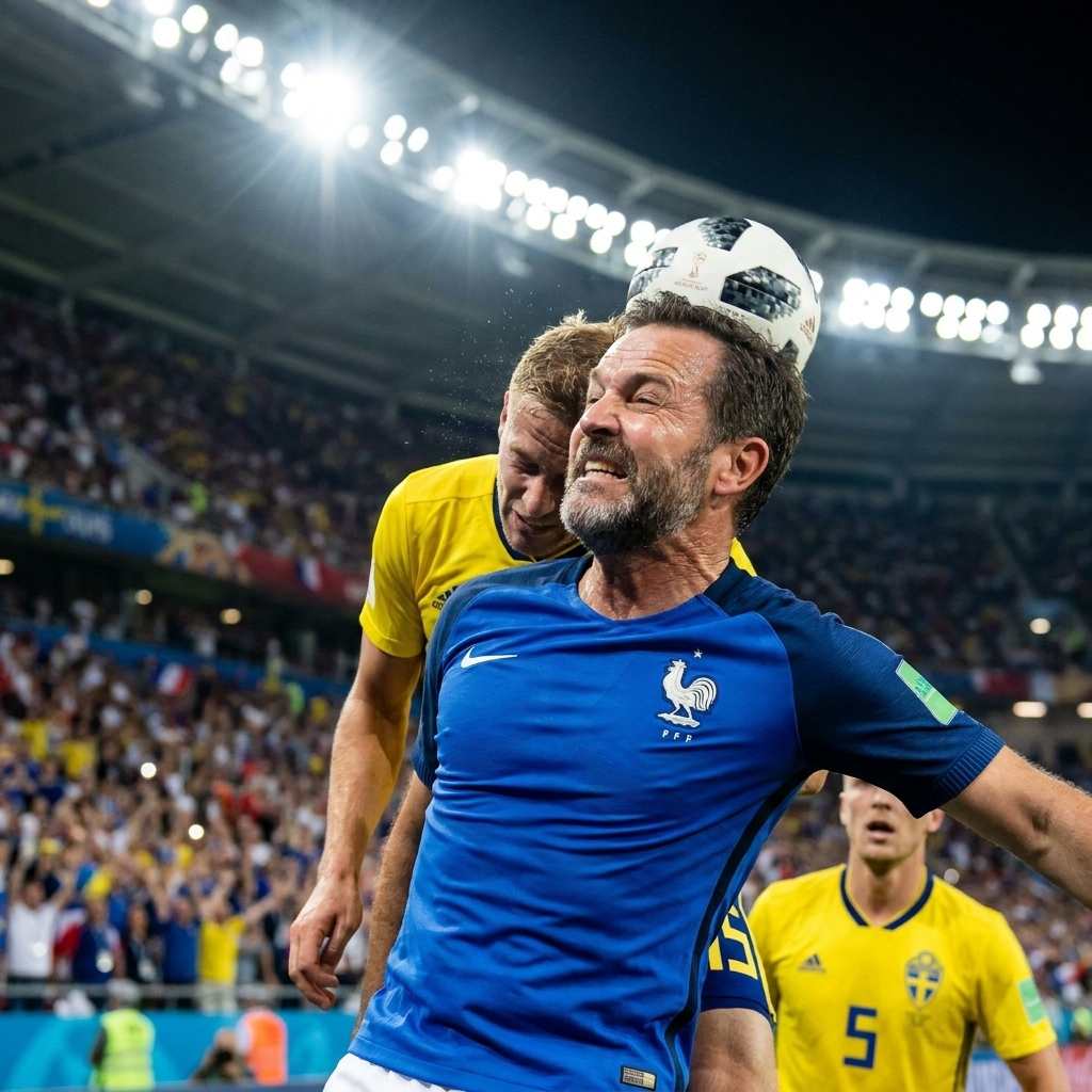 France and Sweden players contesting a high ball during a World Cup match, with a packed stadium and bright floodlights in the background