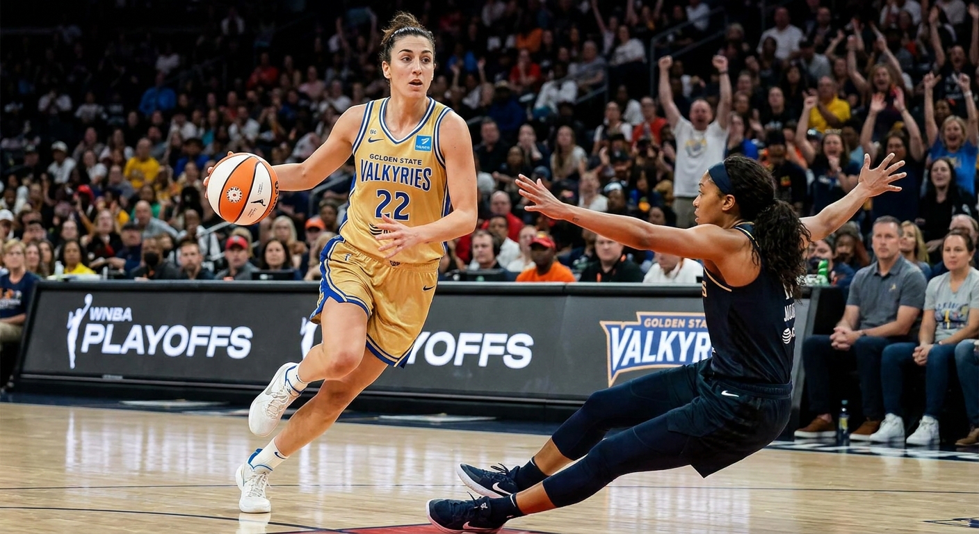 Golden State Valkyries guard Cecilia Zandalasini driving toward the basket during a WNBA playoff game with a defender sliding in front