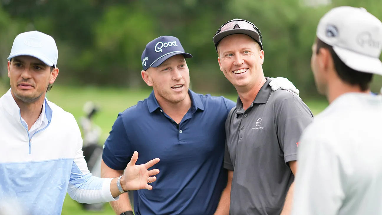 Good Good golf creators filming on a golf course in 2026 with camera equipment near the tee box during a casual round