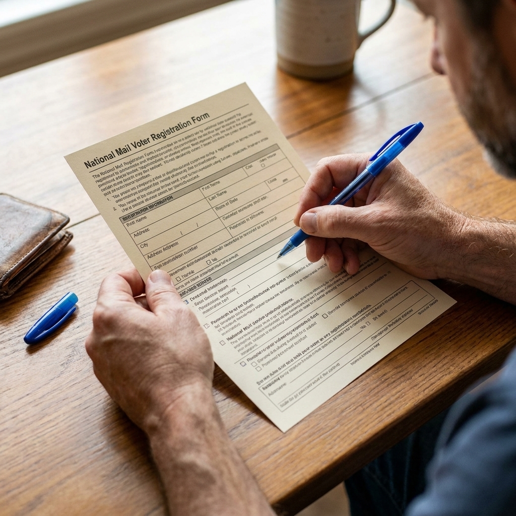 Hands hold a national mail voter registration form on a table with a pen nearby, suggesting an administrative voter registration process