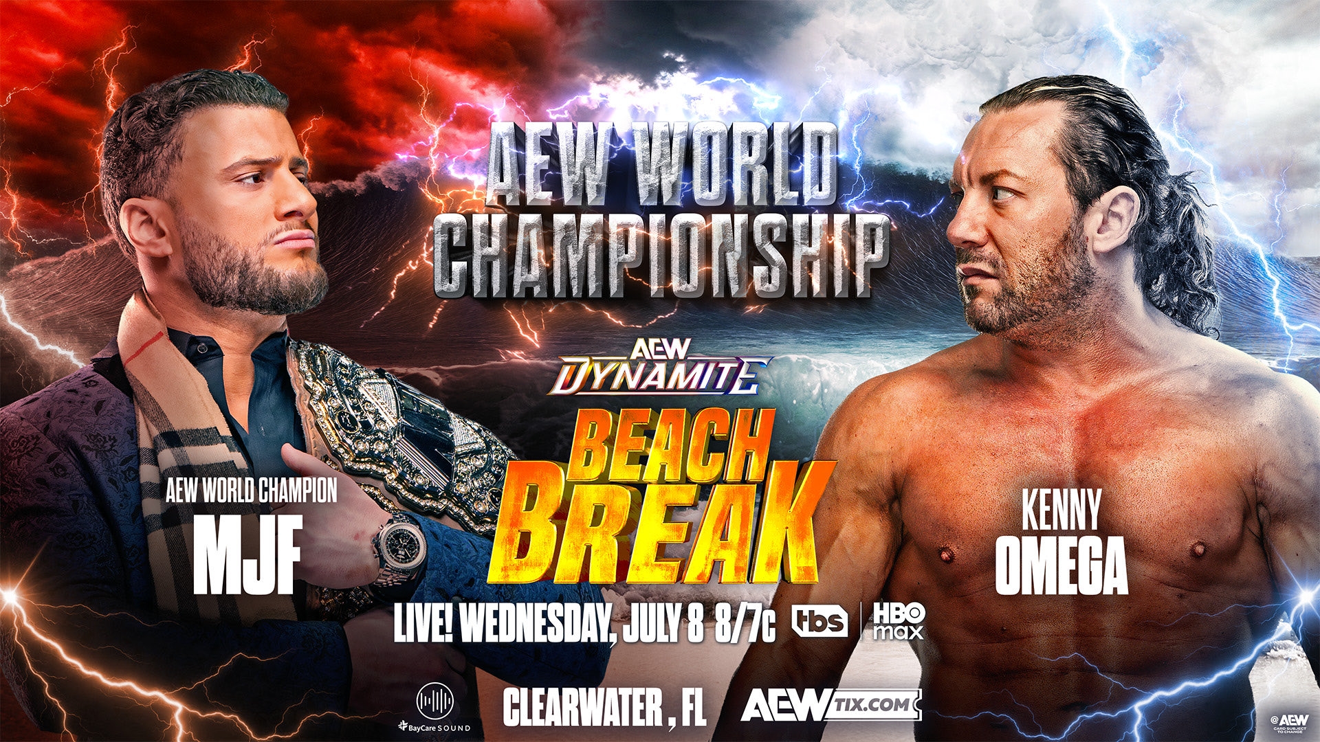 Kenny Omega standing in an AEW ring holding the AEW World Championship belt above his head with a packed arena reacting in the background
