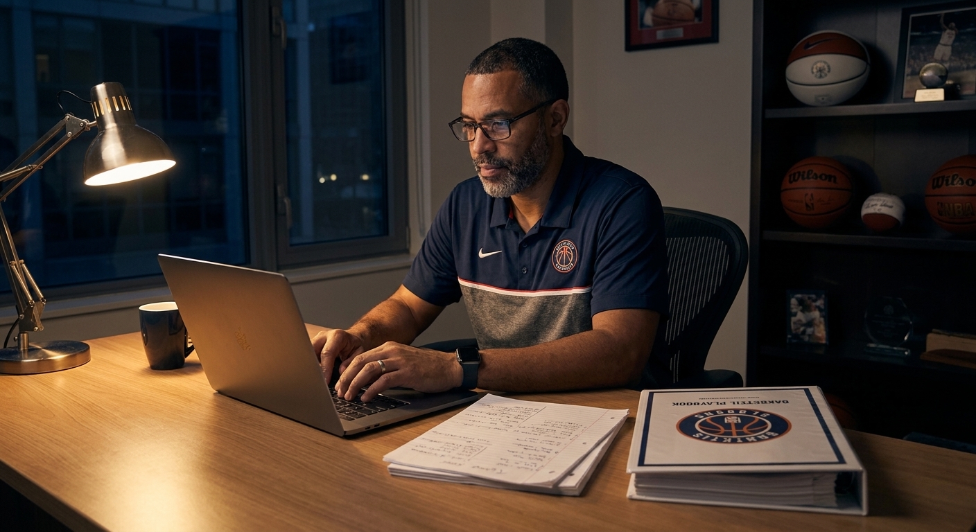 Marcus Thorne at a desk late at night, typing on a laptop beside a stack of game notes and a basketball playbook