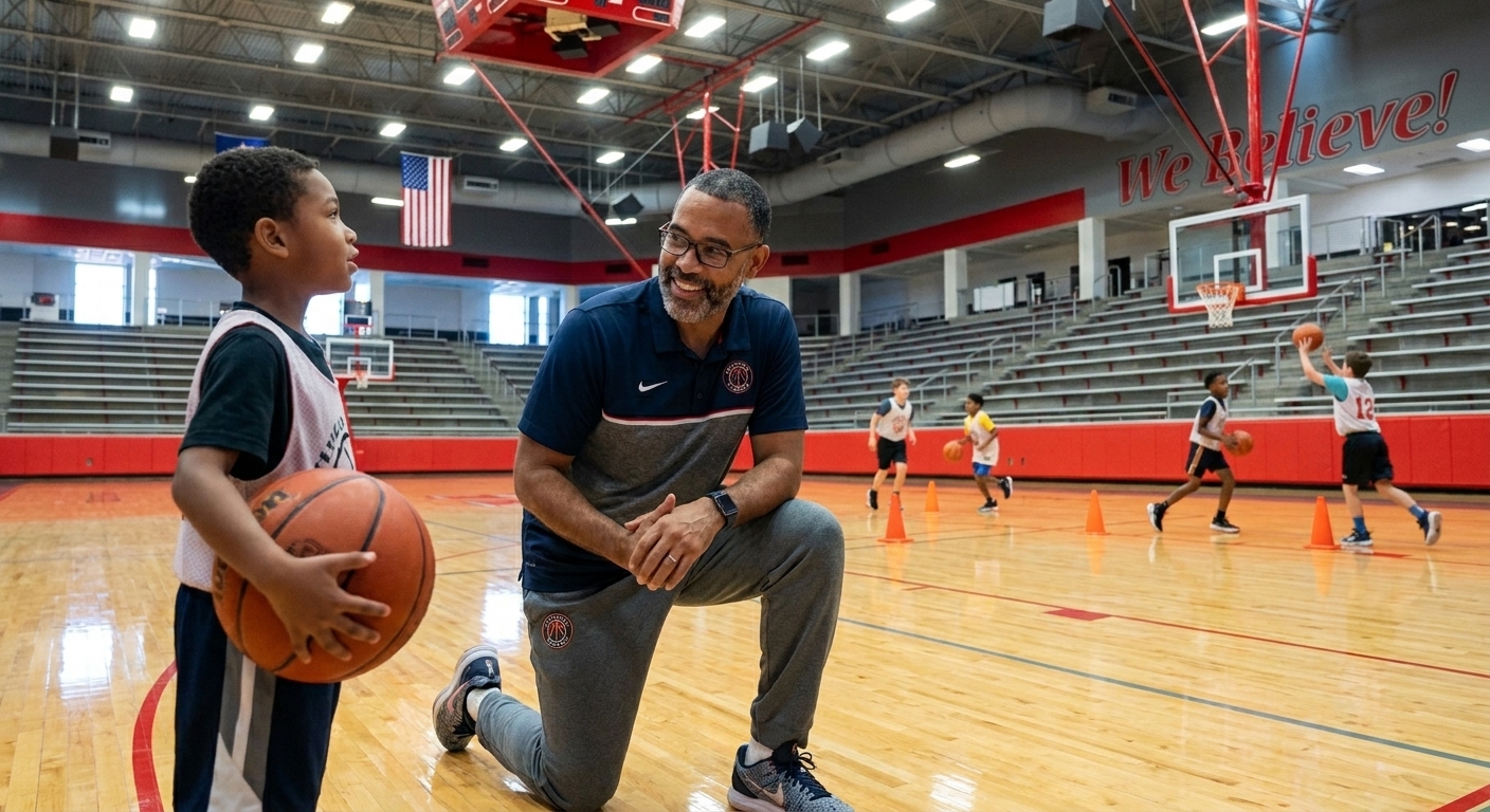 Marcus Thorne coaching a youth basketball practice in a community center gym, kneeling to talk to a kid holding a ball while other players run drills in the background