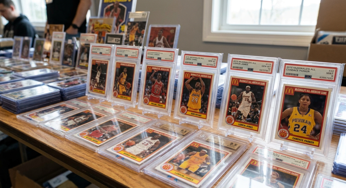 McDonald’s All-American Game trading cards displayed in protective sleeves on a table