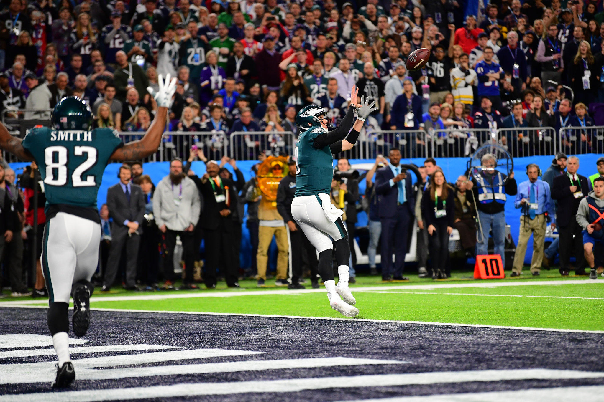 Nick Foles catching a touchdown pass on the Philly Special trick play near the goal line during Super Bowl LII