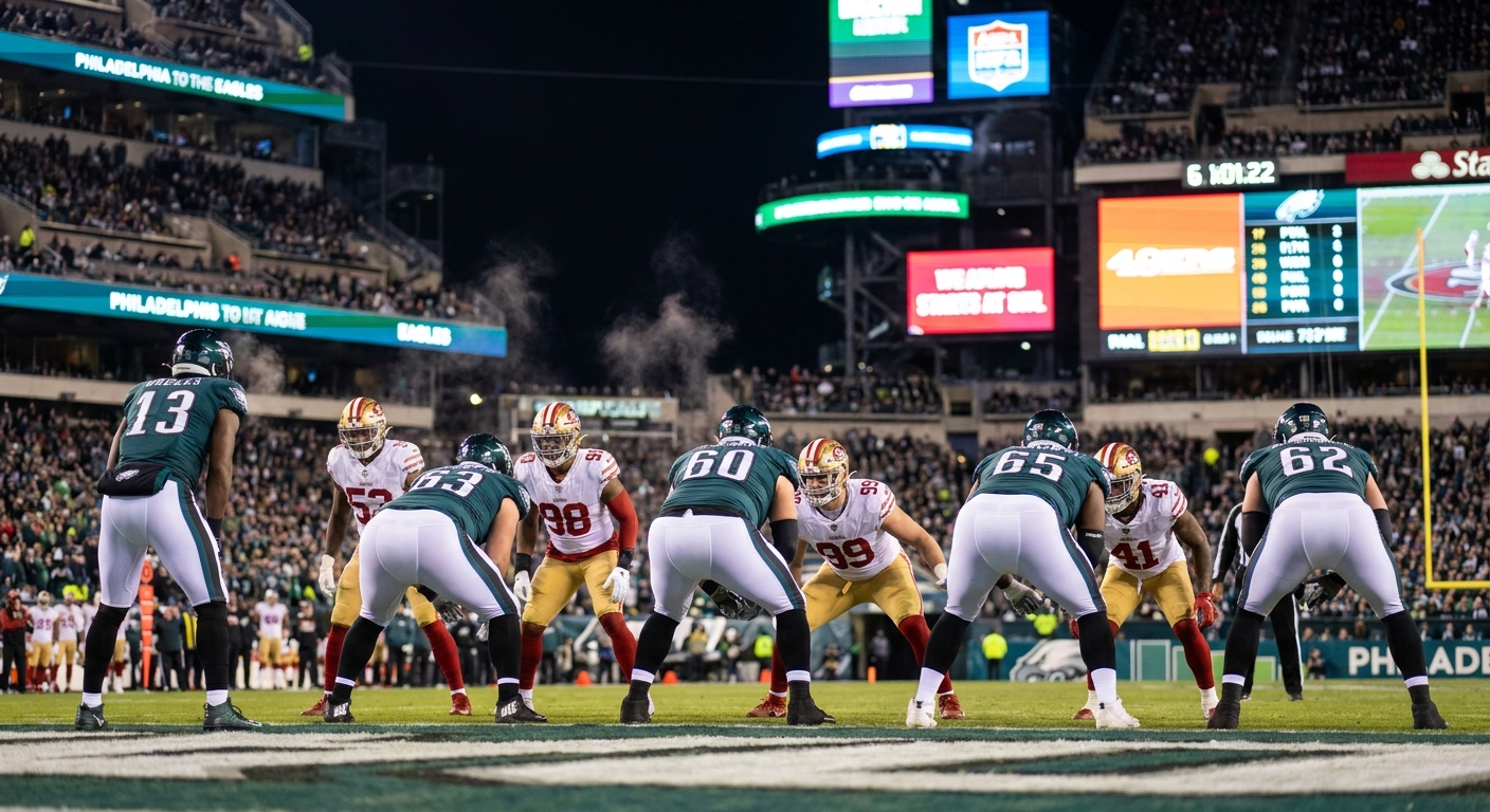 Philadelphia Eagles and San Francisco 49ers players lined up at the line of scrimmage during a night game.