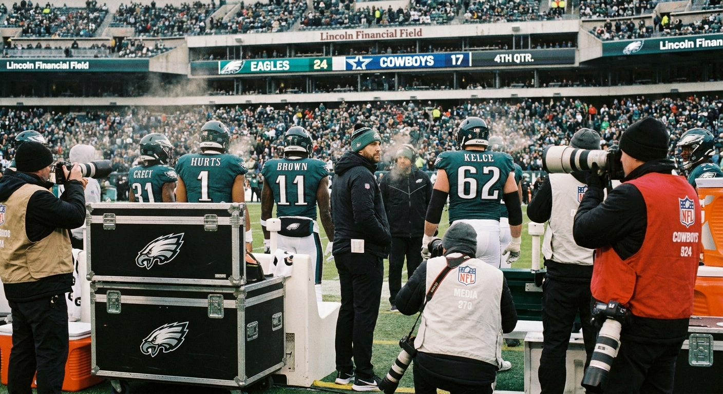 Philadelphia Eagles players and coaches standing along the sideline during a 2024 NFL game, with equipment trunks and photographers nearby