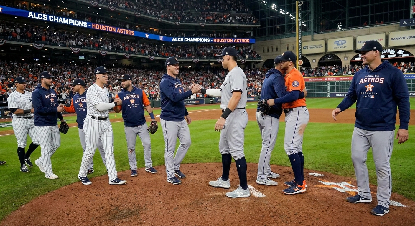 Players from two MLB teams exchanging handshakes after a postseason series ends on the field