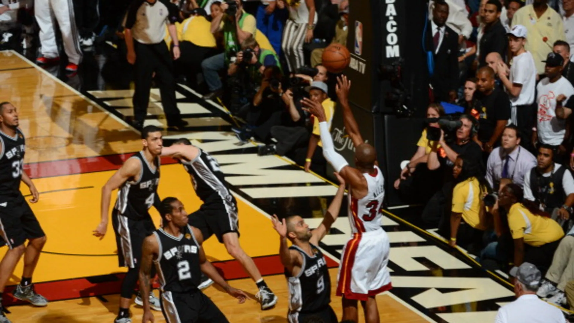 Ray Allen catching a pass in the right corner and stepping behind the three-point line in the closing seconds of an NBA Finals game