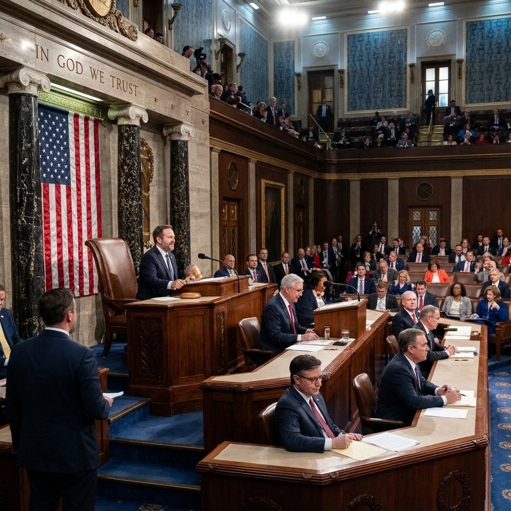The United States House of Representatives chamber during a session, with members seated and the Speaker's rostrum visible.