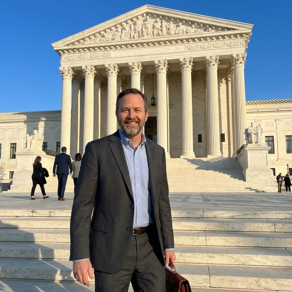 The United States Supreme Court building in Washington, DC on a clear day, with people walking on the steps and the columns visible.