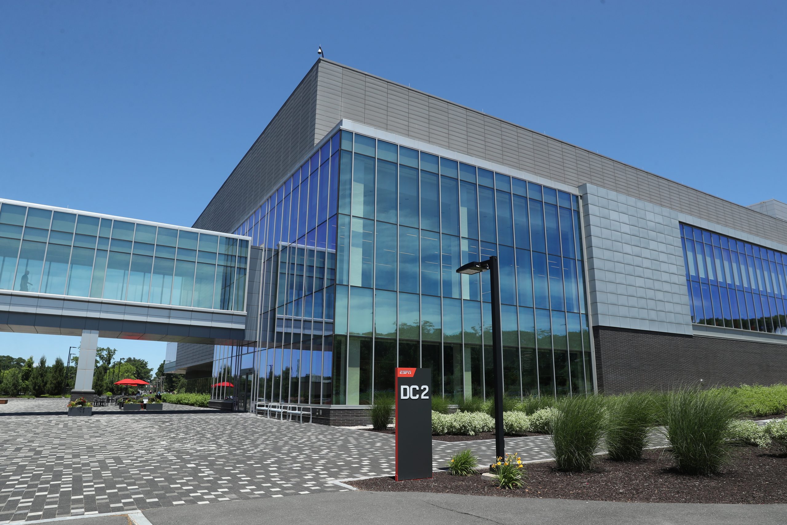 The exterior of ESPN's campus in Bristol, Connecticut, with ESPN signage visible near the entrance