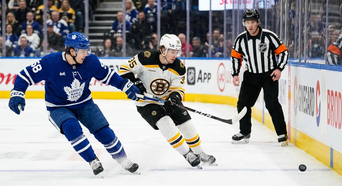 Two NHL players sprinting toward a loose puck near the end boards while a linesman watches to judge a hybrid icing decision