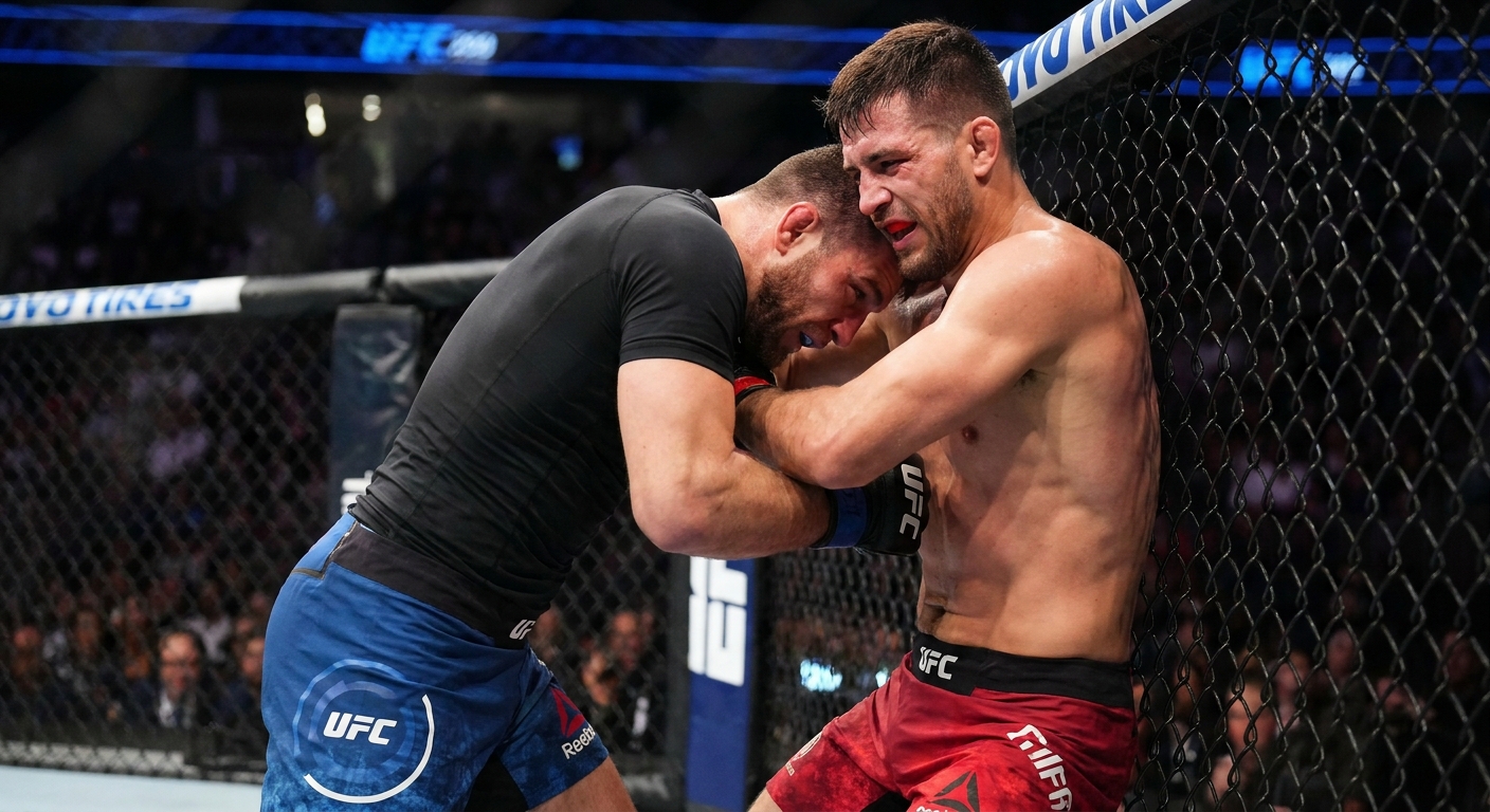 Two UFC fighters locked in a clinch against the cage as one tries to secure an underhook and the other defends