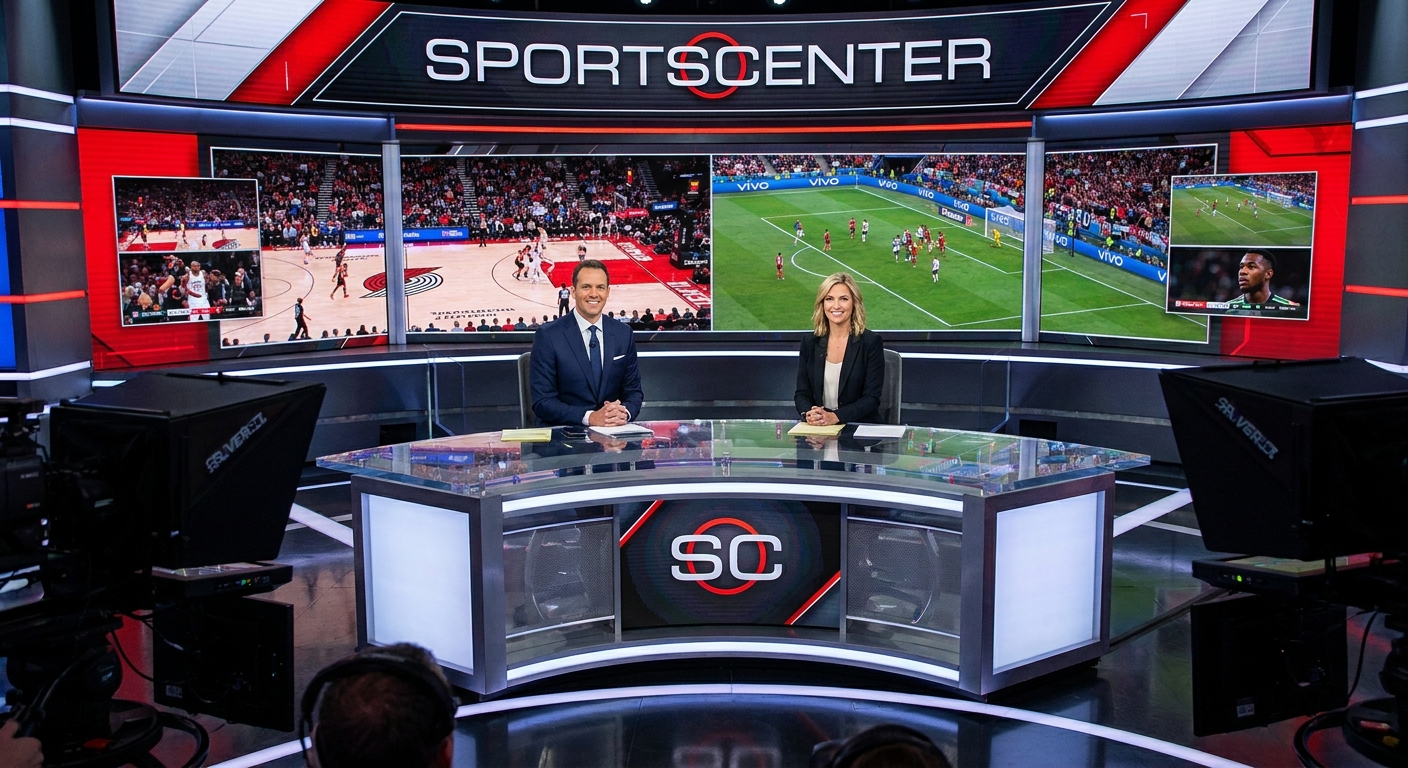 Two sports news anchors sitting behind a desk on a brightly lit SportsCenter set with game footage playing on large screens behind them