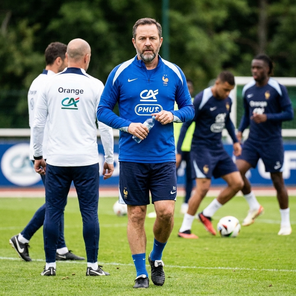 William Saliba in France training gear on a World Cup training pitch, walking with a focused expression as staff and teammates move in the background, news photography style